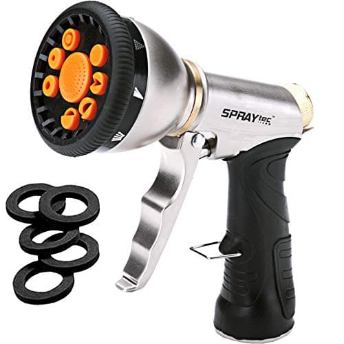 SprayTec Garden Hose Nozzle Sprayer - Heavy Duty Metal Spray Gun w/ Pistol Grip Trigger. 9 Adjustable Patterns Best For Hand Watering Plants & Lawn, Car Washing, Patio, Dog & More - 5 Extra Washers