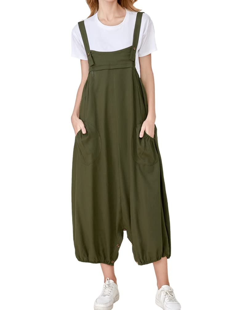 MinibeeWomens Casual Loose Jumpsuit Long Baggy Bib Pants Wide Leg Rompers Cotton Overalls with Pockets
