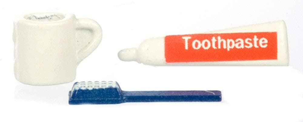 Classics by Handley House Dollhouse Miniature Bathroom Set - Toothbrush, Toothpaste, Mug - 1:12 Scale - Realistic Style - Plastic Material - Metal Color