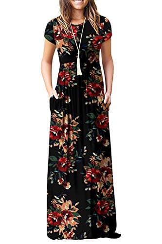 Women's Short Sleeve Loose Plain Maxi Dresses Casual Long Dresses with Pockets