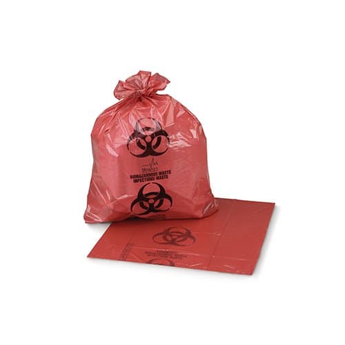 Medegen 2634 Biohazard Waste Bag, Star Seal, Coreless Roll, Red/Black, 1.25mil Gauge, 5 Gallon-7 Gallon Capacity, 19" Width, 23" Length, Pack of 400
