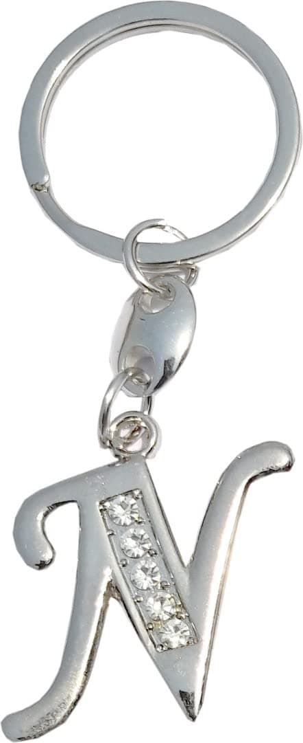 GenericAK Store English Alphabet Letter Silver Metal Keychain with Crystal Stones, for Car Bike Men Women Keyrings (Letter Italic N)