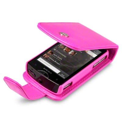 SONY ERICSSON XPERIA MINI PREMIUM PU LEATHER FLIP CASE - HOT PINK, WITH QUBITS-BRANDED MICROFIBER CLEANING CLOTH