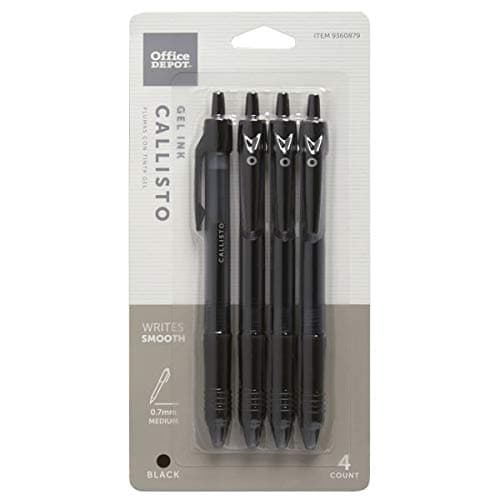 Office Depot Brand Callisto Retractable Gel Ink Pens, Medium Point, 0.7 mm, Black Barrel, Black Ink, Pack of 4 Pens
