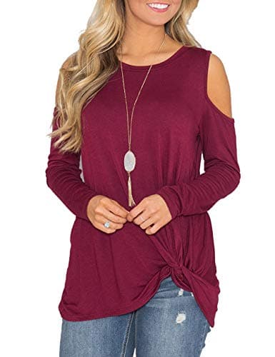 Esther Womens Casual Long Sleeve Knot Side Twist Blouse Cold Shoulder Tops Spring T Shirt (Black, M)