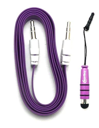 Emartbuy® Leotec L-PAD Supernova S16 / L-PAD Supernova QI16 Tablet Aux Pack - Purple Metallic Mini Stylus + Purple Flat Anti-Tangle Auxillary Stereo Cable 3.5mm Connector