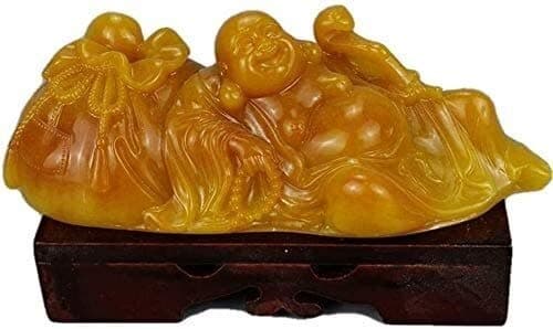 JUZZQ Abstract Laughing Buddha Statue Sculpture Figurine Room Decor Crafts Ornament Gifts Jade Stone Chinese Yellow Shoushan Wealth Good Luck Prosperity Figurines Feng Shui Decor Home Office