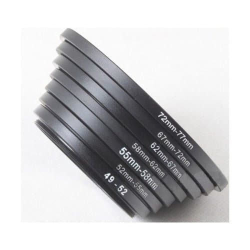 7 Metal Step Up Ring Set, Anodized Black Metal 49-52mm, 52-55mm, 55-58mm, 58-62mm, 62-67mm, 67-72mm, 72-77mm