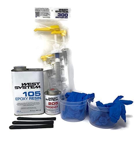 West Systems Epoxy Bundle Kit, Easy to use 105-A Resin, 205-A Hardener, Metered Pump Set, Reusable Graduated Clear Mixing Cups and Mixing Sticks, Disposable Gloves