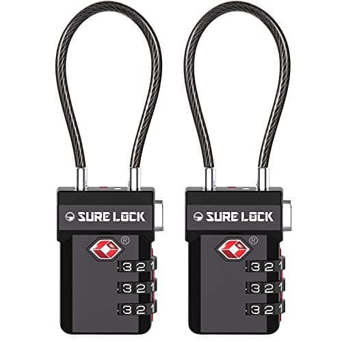 SURE LOCK TSA Approved Luggage Locks with Open Alert & Easy-Read Dials, Re-settable 3-Digit Combination, Zinc Alloy Body for Suitcase, Backpack, Gym Lockers (Multiple Colors), BLACK 2 PACK, One_Size