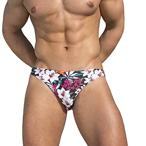 Easejuicy Mens Swimwear Flowers Sexy Bikini Swim Briefs Low Rise Swimsuits (Lily, XX-Large for Waist 34-36 in)