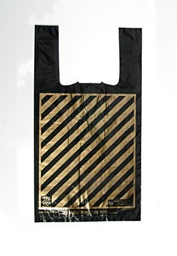 Plastic Shopping Bags, 1000pcs"Jumbo" Size:17x8x30, 1.3 Mil EX-Heavy, Black with Gold Stripes, 19.9 Cents Per Bag, 199.00 per case.
