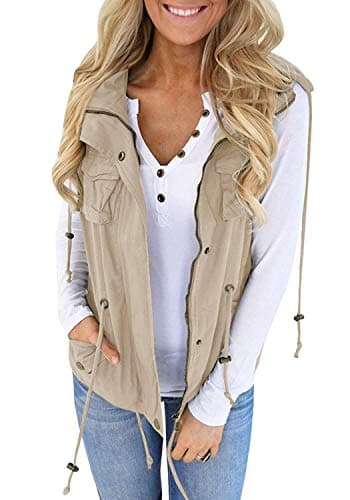 TutorutorWomens Military Safari Camo Vest Utility Lightweight Sleeveless Hooded Drawstring Jackets with Pockets