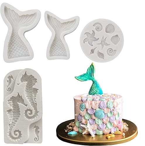 Seashell Mermaid Tail Mold - BEBEEPOO 4 Pack Seahorse Seashell Starfish Mermaid Tail Silicone Mold for Under The Sea Cake Decoration, Chocolate, Candy, Polymer Clay, Cupcake Decor, Sugar Craft, etc.