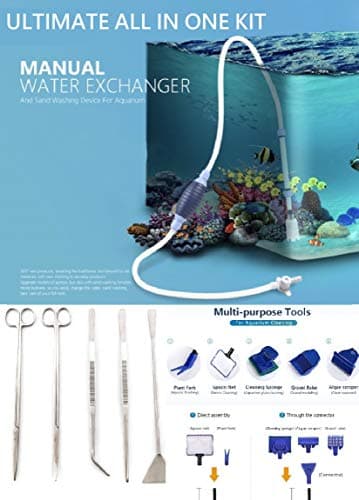 Fish Tank Gravel Cleaner Kit Include Aquarium Gravel Cleaner, Algae Scraper, Fish Net, Sponge, Plant Fork, Gravel Rake, Stainless Steel Aquatic Plant Tweezers, Scissor, Spatula Tool Set