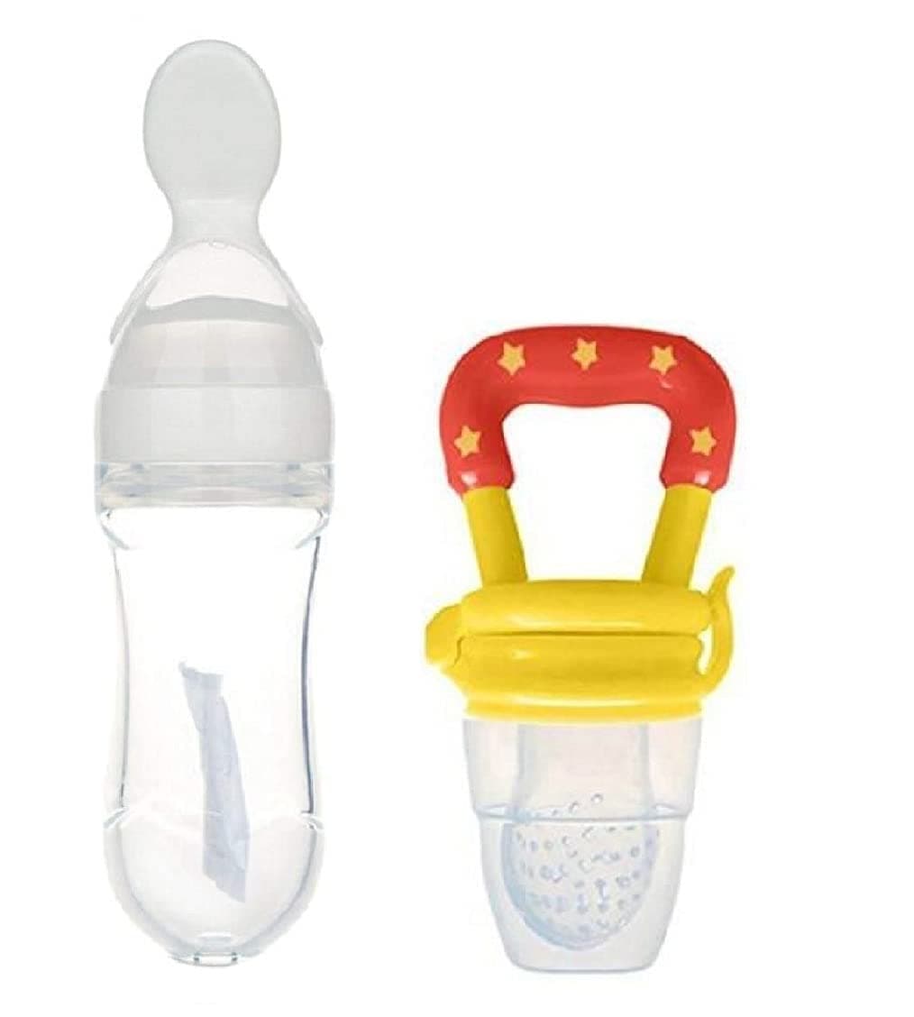 Manan Shopee Infant Squeezy Food Grade Silicone Bottle Feeder & Silicone Food Fruit Pacifier/Nibbler/Soother for Babies/Kids/Children (Squeezy Feeder 'White'' + Pacifier 'Yellow'')