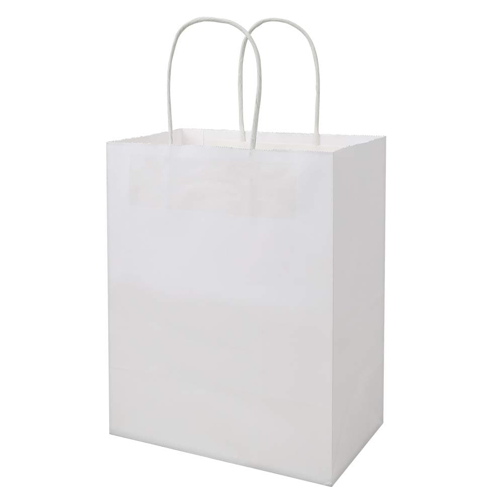 bagmad 100 Pack Sturdy Medium White Kraft Paper Bags with Handles Bulk, Thicken Gift Bags 8x4.75x10 Inch, Craft Grocery Shopping Retail Party Favors Wedding Business Sacks (White, 100pcs)