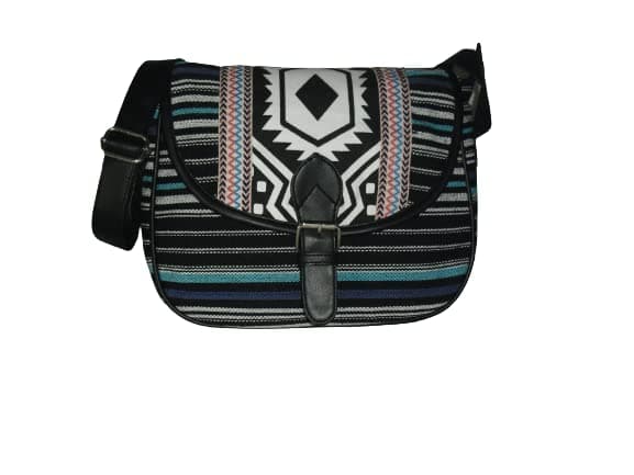 CRAFTS MY DREAM Canvas Sling Bag Black and White Ikat Flap Print with Hand work Cloth Women’s Cross Body Bag