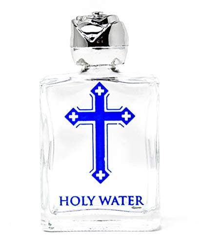 Lourdes Gifts -Glass Blue Cross Holy Water Bottle (Silver Top) - Containing Lourdes Water + Prayer Card