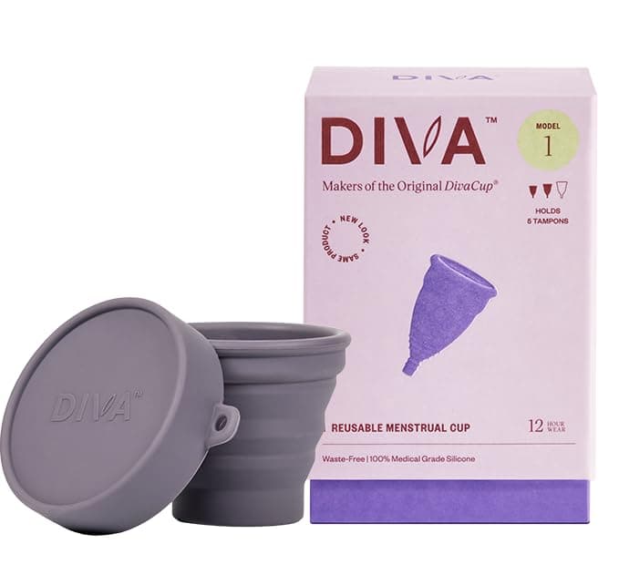 Diva Cup & Shaker - Medical Grade Silicone Cup for Period Care - Reusable Menstrual Cup with Shaker for On-The-Go Cleansing - Wear Up to 12 Hours - Model 1 (for Medium to Heavy Flow)