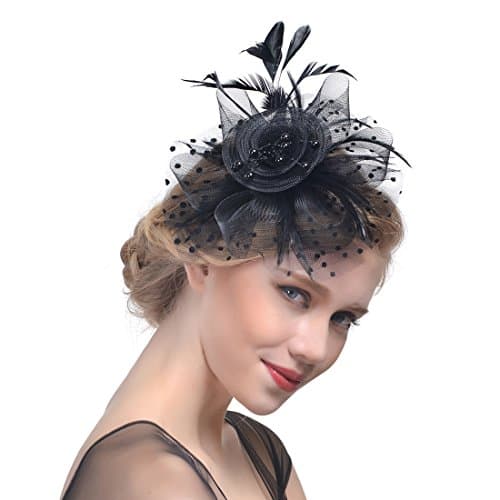 FeiYu Crafts Penny Mesh Hat Fascinator with Mesh Ribbons and Black Feathers