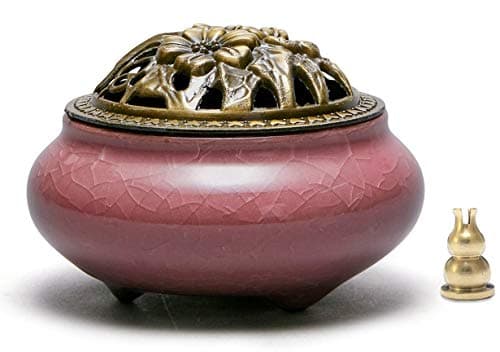 avena Incense Burner Ceramic Cone/Coil Incense Holder Ash Catcher Tray Bowl with Brass Calabash Incense Holder Cracked Glaze (Pink)
