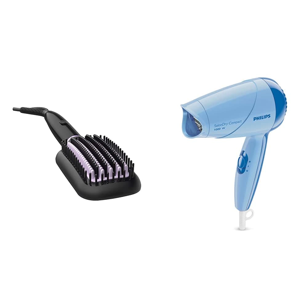 BHH880/10 50 Watts Heated Straightening Brush with Thermoprotect Technology (Black) & Philips HP8100/60 Hair Dryer (Blue)