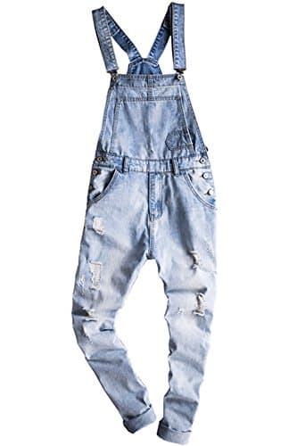 Men's Light Blue Slim Snow Washed Denim Bib Overalls