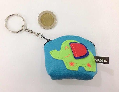 Coin Purse Keychain Blue Handmade Leather Purse Thai Elephant Bag (Free Coin Rare 10 Baht of Thailand)