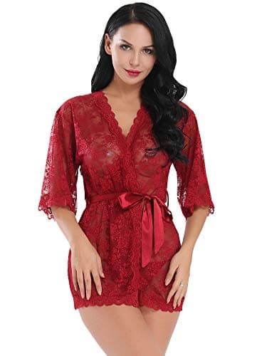 Womens Lace Kimono Lingerie Robe Set Sheer See Through Babydoll Sleepwear