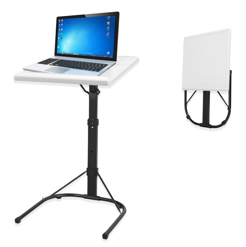 GBS Folding Laptop Table, Foldable & Adjustable Laptop Overbed Table white Adjustable Height and Tilt Angle Option Multi-Functional Folding TV tray Table, Portable, C Shaped End Table For Sofa & Bed