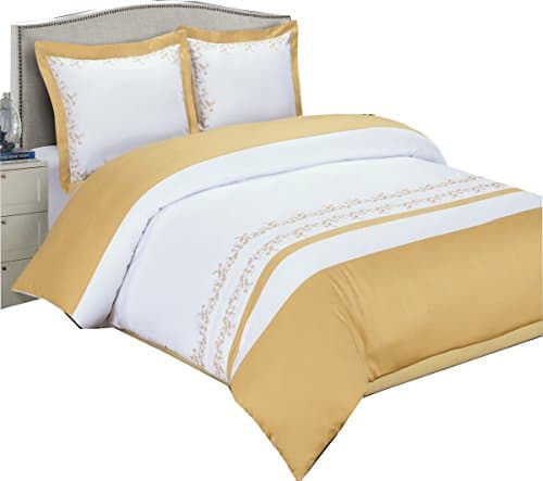 sheetsnthings Luxury Gold with White Embriodered Amalia 3-Piece Full/Queen Duvet-Cover-Set 100% Cotton- Hidden Button Closure