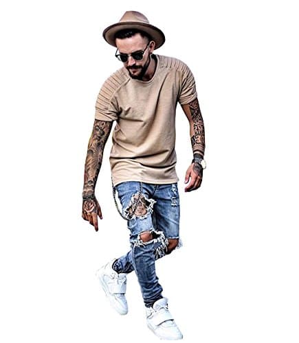 Men's Distressed Skinny Fit Ripped Zipper Jeans Destroyed Denim Pants