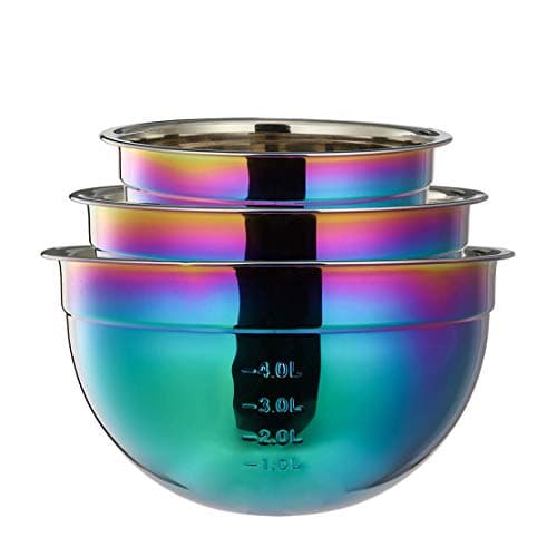 Mixing Bowl Set 18/8 Stainless Steel, Rainbow Salad Bowls 3 Piece Colorful Nesting Bowl Deep for Chef Prep Cooking, Baking, Salad Fruit, Food Preparation, Cake Measure Bowl Includes 1.5 L, 2.5L, 4L