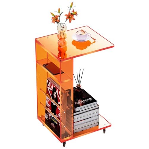 solaround Acrylic Side Table, Couch Sofa Tables, Mobile with Lockable Wheels, Bedside table, Orange