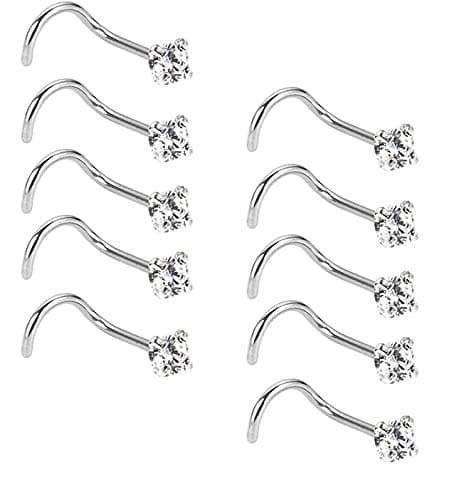 20 Gauge 10 Pieces inless Steel Nose Screw Curved Nose Studs Nose Cubic Zirconia Body Piercing Jewellery