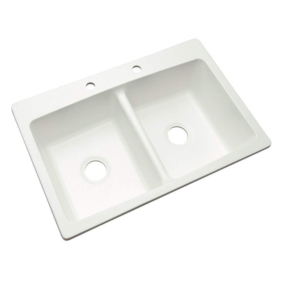 GlobalNiche® Dekor Sinks 60200NSC Woodbridge Composite Double Bowl Kitchen Sink with Two Holes, 33-Inch, White Natural Stone