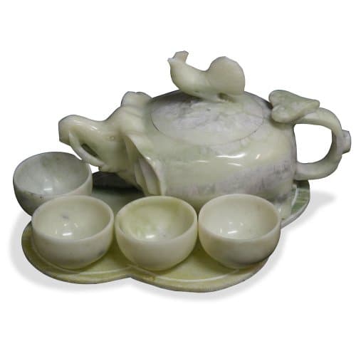 ChinaFurnitureOnline Jade Decorative Tea Set with Four Cups, Hand Carved Elephant and Rooster Motif Green