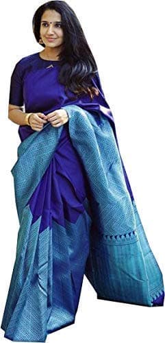WILLFE Women Kanjivaram Soft Silk Saree With Blouse Piece (Light & Dark Blue)