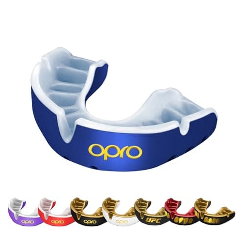 OPRO Gold Level Mouth Guard - Moldable Mouthguard with Premium Comfort Fit, and Multi-Layer Protection for Boxing, MMA, Rugby, Hockey, and Football Mouthpiece – Includes Case (Dark Blue/Pearl, Adult)