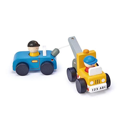 Tender Leaf Toys Tow Truck - Wooden Yellow Tow Vehicle with A Blue Car and 2 Peg Doll Drivers