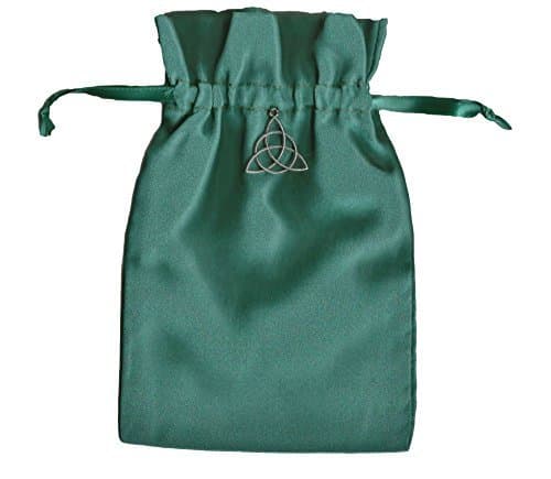 Tarot Rune Gift Bag with Irish Celtic Knot Triquetra Charm Forest Green Satin 5 inch x 8 inch