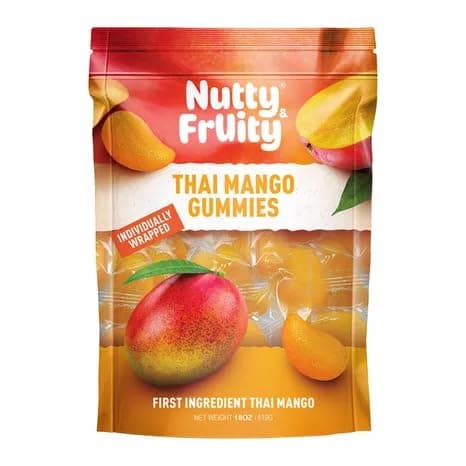 Nutty & Fruity Individually Wrapped Thai Mango Gummies, 18oz Total, Gluten Free, Vegan, Made with Real Fruit!