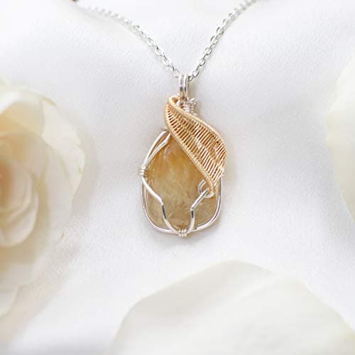 Designs by Nature GemsHandmade Women’s Yellow Citrine Necklace 24 Inch Chain Silver and Gold Plated, November Birthstone