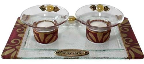 Lily Art Glass Appliquéd Burgundy Tea Light Candle Holders And Tray