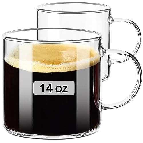 PARACITY Clear Coffee mug 14oz, Glass Coffee Mugs Set of 2, Large Glass Coffee Cups with Handle, Glass Tea cups for Hot/Cold Drink, Latte, Cappuccino, Tea, Juice and Beer