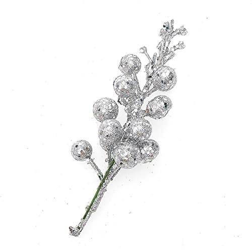 ( Pack of 12 ) Glittery Silver Artificial Berry Picks for Home Christmas Wreath Decor
