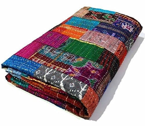 Manglam arts Queen Size Patchwork Silk Kantha Quilt 90X108 Inch Silk Bedcover Indian Silk Patola Quilt Throw Blanket By