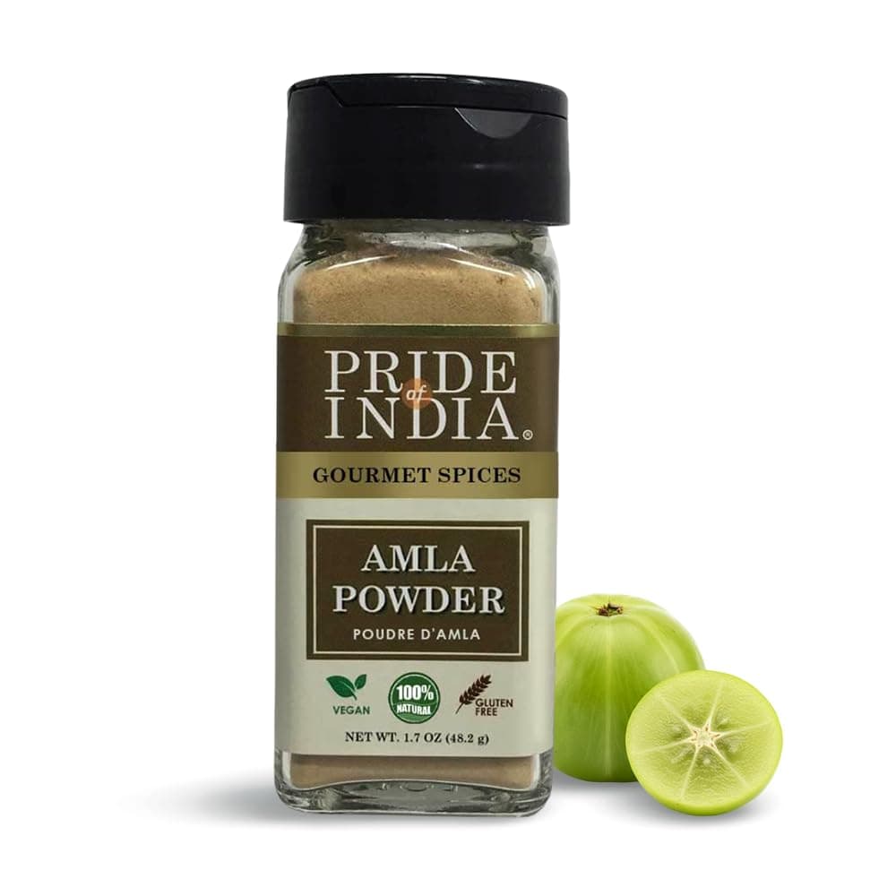 Pride of India – Amla Powder – Gourmet Spice – Tangy & Savory – Pure Indian Gooseberry Ground – Antioxidant Rich – GMO/Gluten Free – Easy to Use – 1.7 oz. Small Dual Sifter Bottle