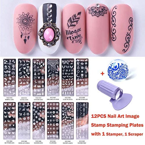 12PCS Nail Art Image Stamp Stamping Plates with 1 Stamper, 1 Scraper